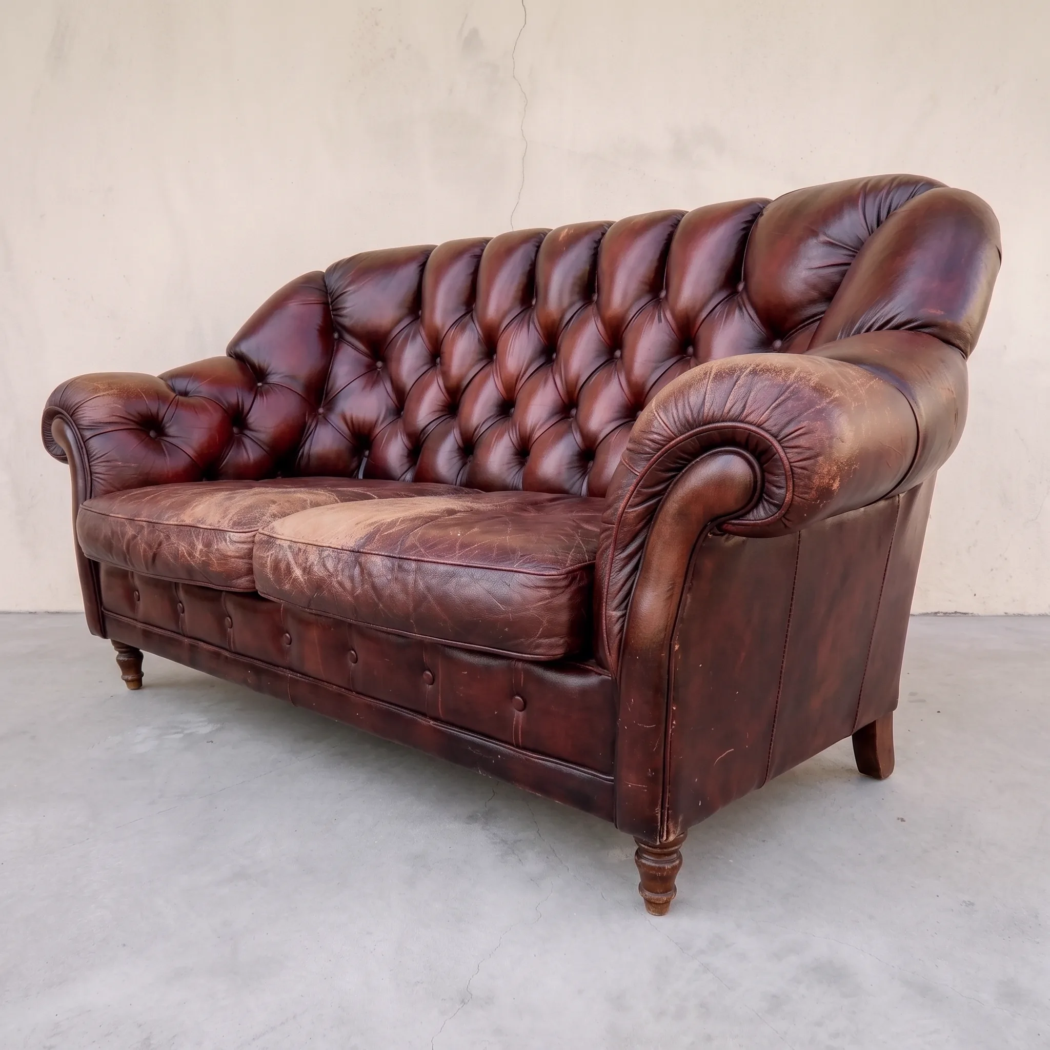 Tired, dry tan leather sofa before restoration